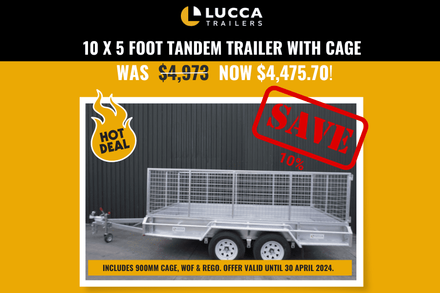 AUTUMN SPECIAL: Tandem 10ft by 5ft with WOF, Rego & Cage – 10% off | Lucca Trailers